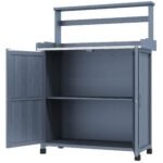 Outdoor Wooden Potting Bench with Storage Cabinet, Shelves, Galvanized Plated Tabletop for Backyard, Balcony, Gray