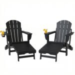Folding Adirondack Chair Set of 2, HDPE Fire Pit Chair with Retractable Ottoman and Cup Holder, Black