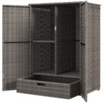Outdoor Storage Cabinet with Shelves, Rattan Pool Towel Storage Cabinet with Removable Shelf & Drawer, Dark Gray