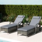 Patio Wicker Chaise Lounge Chair Set of 2 with Table, Adjustable Backrest, Wheels, Cushion & Headrest, Gray - Image 2