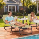 Folding Chaise Lounge Pool Chairs, Outdoor Sun Tanning Chairs with 5-Level Reclining Back, Steel Frame for Beach, Yard, Patio, Beige - Image 2