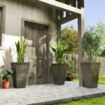 Set of 3 Tall Planters, 28" Outdoor Planter w/ Drainage Holes, Faux Wood Plastic Flower Pots, Dark Brown - Image 2