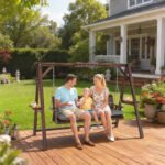 3 Seat Wooden Porch Swing with Stand, Patio Swing with Cushion, for Garden, Poolside, Backyard, Carbonized Brown - Image 2