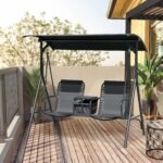 2-Seat Outdoor Porch Swing, with Pivot Storage Table, Cup Holder, & Adjustable Overhead Canopy, Stand's Skid-Resistant Feet Pad, Breathable Mesh Seat, Steel Frame, for Patio, Black - Image 2
