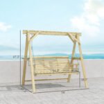 3 Seat Wooden Porch Swing with Stand, Patio Swing with Side Tables, for Garden, Poolside, Backyard, Natural Wood - Image 3