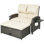 Patio Rattan Daybed, Wicker Outdoor Daybed with Storage Ottoman, Loveseat w/ Adjustable Backrest, Beige