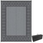 Outdoor Rug for Patio, 9' x 12' Waterproof Large Mat, Reversible Plastic Straw Rug for Decor, Portable Outside RV Camping Area Carpet Mat for Backyard Porch Deck Picnic, Black & Gray Border