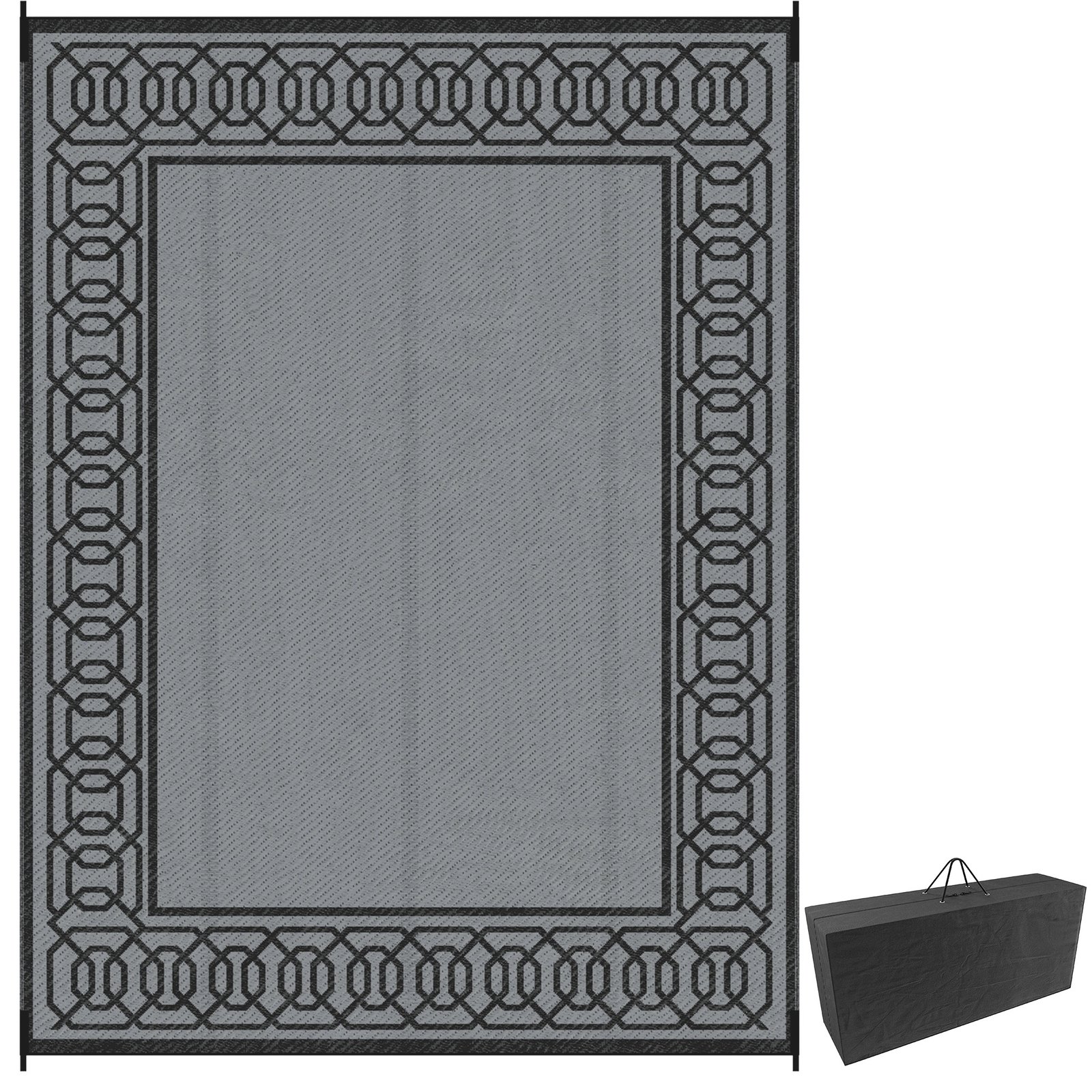 igIff61948c3db6e4.jpg Outdoor Rug for Patio, 9' x 12' Waterproof Large Mat, Reversible Plastic Straw Rug for Decor, Portable Outside RV Camping Area Carpet Mat for Backyard Porch Deck Picnic, Black & Gray Border - Image 1