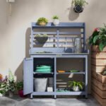 Wooden Potting Bench with Storage, Aluminum Tabletop for Backyard, Patio, Balcony, Gray - Image 7