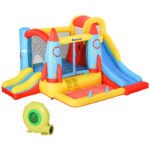 Kids Bounce House, 4-in-1 Rocket Inflatable Water Slide Jumping Castle with 2 Slides, Climbing Wall, Trampoline, & Water Pool Area, Air Blower