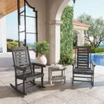 2 Pieces Outdoor Rocking Chairs, HDPE Patio Rockers with 28" High Back, Wide Armrests for Porch Backyard, Dark Gray - Image 2