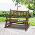2-Person Wood Rocking Chair with Log Design, Heavy Duty Loveseat with Wide Curved Seats for Patio, Backyard, Garden, Walnut - Image 2