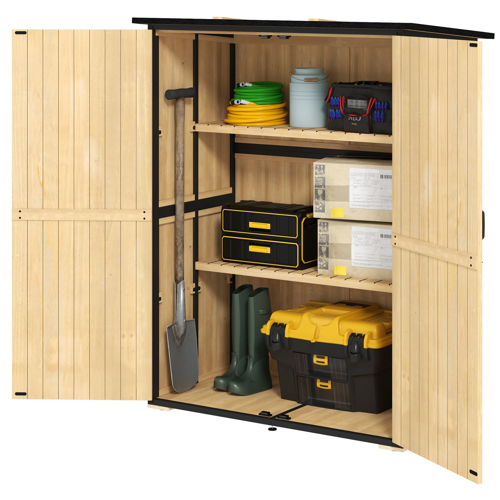 jHG00419493af8cd3.jpg Wood Storage Shed, Outdoor Garden Shed with Asphalt Roof, 2 Shelves, Lockable Doors and Adjustable Feet, Natural - Image 1