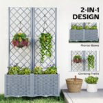 Planter Box with Trellis, Self Watering Raised Garden Bed with Lockable Wheels and Drainage Holes, Gray - Image 4