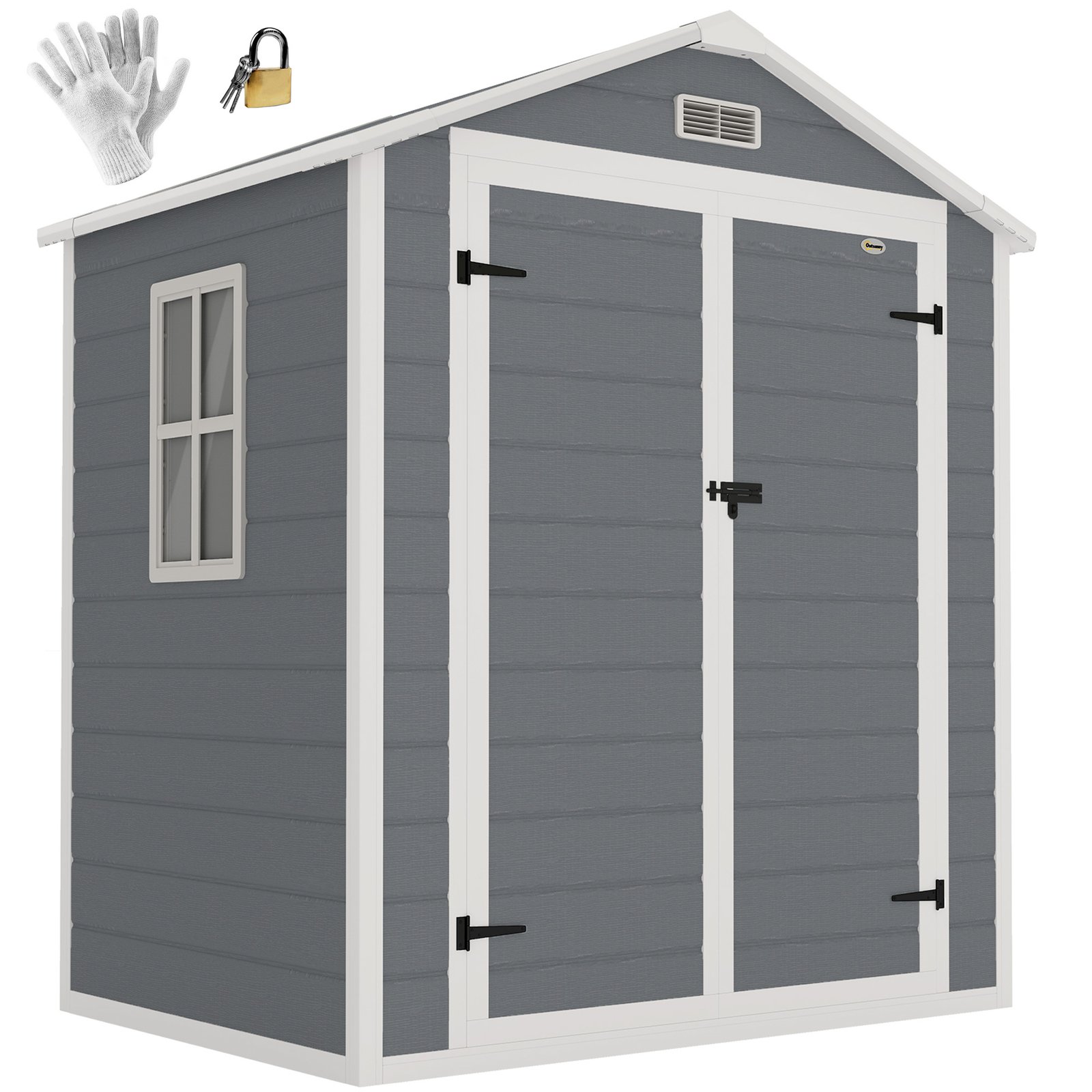 jO1bd91993cc523bf.jpg 6x4.5 Outdoor Storage Shed, Lockable Tool Shed with Double Doors, Vent and Window for Garden, Cottage Style, Family Use, Gray - Image 1