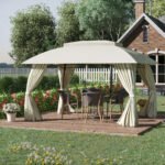 10' x 13' Outdoor Gazebo Patio Gazebo Canopy, Double Vented Roof, Steel Frame, Curtain Sidewalls, Sun Shade Shelter for Garden, Lawn, Backyard, Deck, Beige - Image 2
