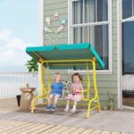 Kids Porch Swing, 2-Seater Patio Swing Bench with Safety Belts, Adjustable Canopy for Backyard, Garden, Green - Image 2
