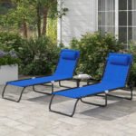 2 Folding Chaise Lounge Pool Chairs with 4-Position Reclining Back, Pillow, Breathable Mesh & Bungee Seat, Blue - Image 2