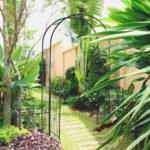 86" Garden Arch Arbor, Metal Arch Trellis with Gate and Planter Baskets, Garden Archway for Climbing Vines, Wedding Ceremony Decoration, Flourishes & Arrow Tips, Black - Image 2