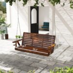 3-Seater Swing Bench, Wooden Porch Swing with Cupholders, Hanging Chains for Patio Garden, Carbonized - Image 3