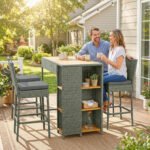 5 Piece Wicker Outdoor Bar Set, Acacia Wood Outdoor High Top Table and Chairs with 3 Tier Shelves, Cushions, Gray - Image 2