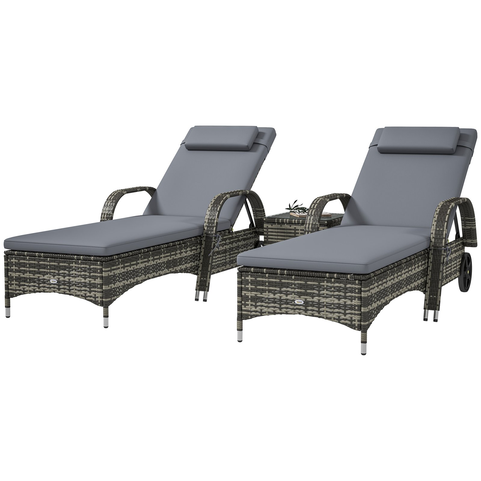 jnv09c19495c2d6d7.jpg Patio Wicker Chaise Lounge Chair Set of 2 with Table, Adjustable Backrest, Wheels, Cushion & Headrest, Gray - Image 1