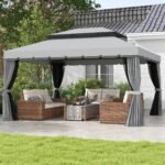 10' x 13' Patio Gazebo w/ Aluminum Frame Double Roof, Outdoor Gazebo Canopy Shelter with Netting & Curtains, Gray - Image 2