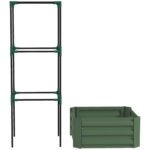Galvanized Planter Box, 24" x 24" x 55" Raised Garden Bed with Tomato Cage for Climbing Vines, Green