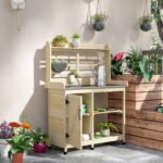 Wooden Potting Bench with Storage, Aluminum Tabletop for Backyard, Patio, Balcony, Natural - Image 2