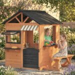 Wooden Kids Playhouse with Play Kitchen, Picnic Bench, Serving Station, Windows and Door for Backyard, Ages 3–8, Brown - Image 2