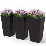 Tall Planters for Outdoor Plants Set of 3, 24 In Taper Planters with Drainage Holes, Rattan Decor Plant Pots for Indoor Outdoor Front Porch Patio Backyard, Black