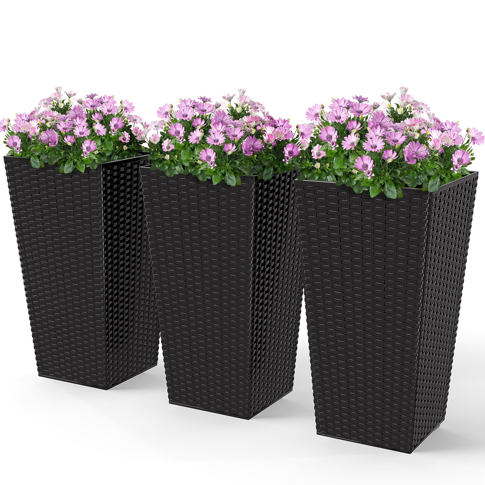 k2k39a198358dbe89.jpg Tall Planters for Outdoor Plants Set of 3, 24 In Taper Planters with Drainage Holes, Rattan Decor Plant Pots for Indoor Outdoor Front Porch Patio Backyard, Black - Image 1