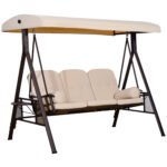 3-Seat Patio Swing Chair, Outdoor Porch Swing Glider with Adjustable Canopy, Removable Cushion, Pillows and Side Trays, for Garden, Poolside, Backyard, Beige