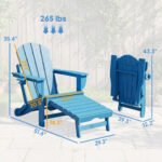 Folding Adirondack Chair Set of 2, HDPE Fire Pit Chair with Retractable Ottoman and Cup Holder, Blue - Image 3
