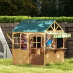Wooden Outdoor Playhouse, Foldable Kids Cottage with Windows, Working Door, Snack Bars, Waterproof Covers, for 3-8 Years - Image 3