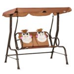 Kids Patio Swing, 2-Seater Outdoor Swing Chair with Adjustable Canopy and Safety Belt, Monkey Pattern Hanging Swing Bench for Garden or Backyard, Coffee