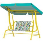 Kids Porch Swing, 2-Seater Patio Swing Bench with Safety Belts, Adjustable Canopy for Backyard, Garden, Green