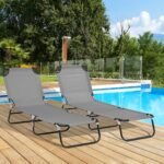 2 Pieces Pool Chaise Lounge Chairs, Folding Lounge Chairs with 5-Level Reclining Back, Steel Frame, Dark Gray - Image 2