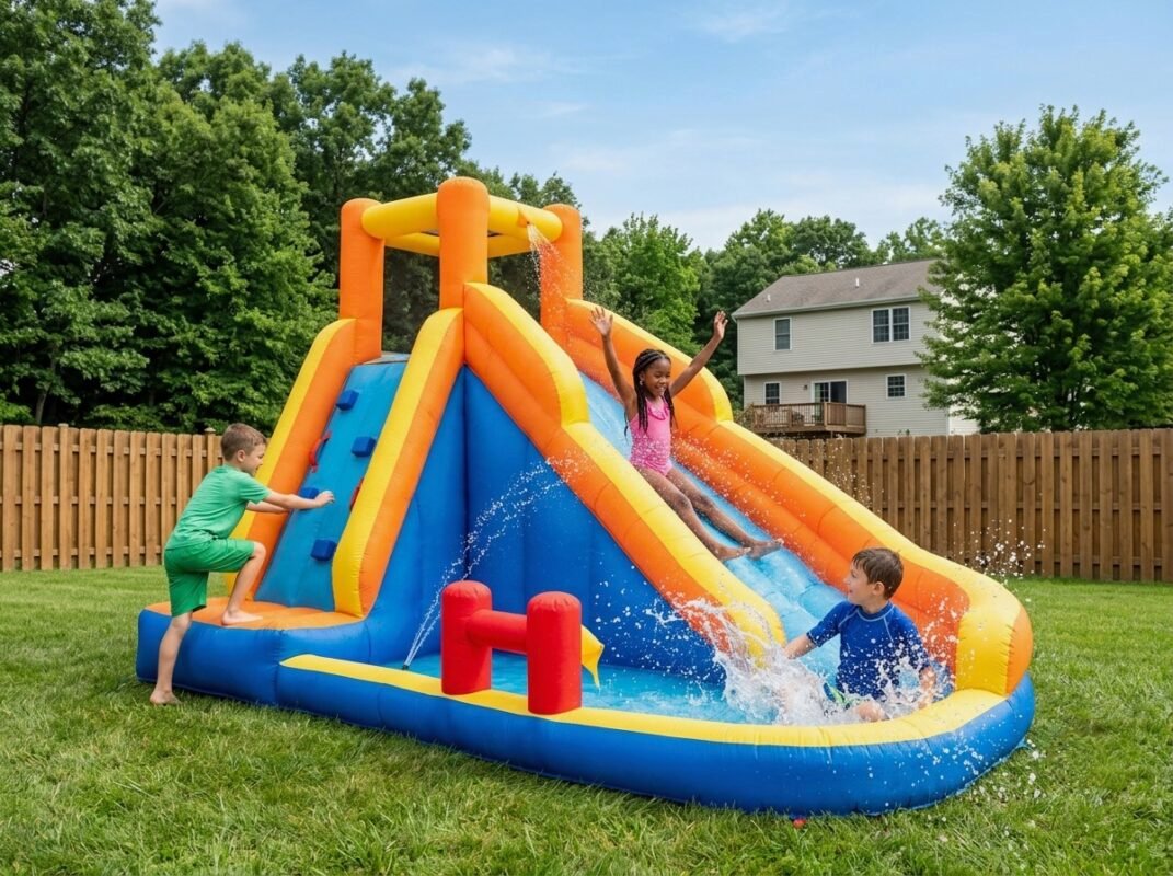 Children playing on a colorful inflatable water slide with a splash pool