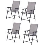 Set of 4 Outdoor Folding Chairs, Stackable Patio Dining Chairs with Armrests, Metal Frame, Gray