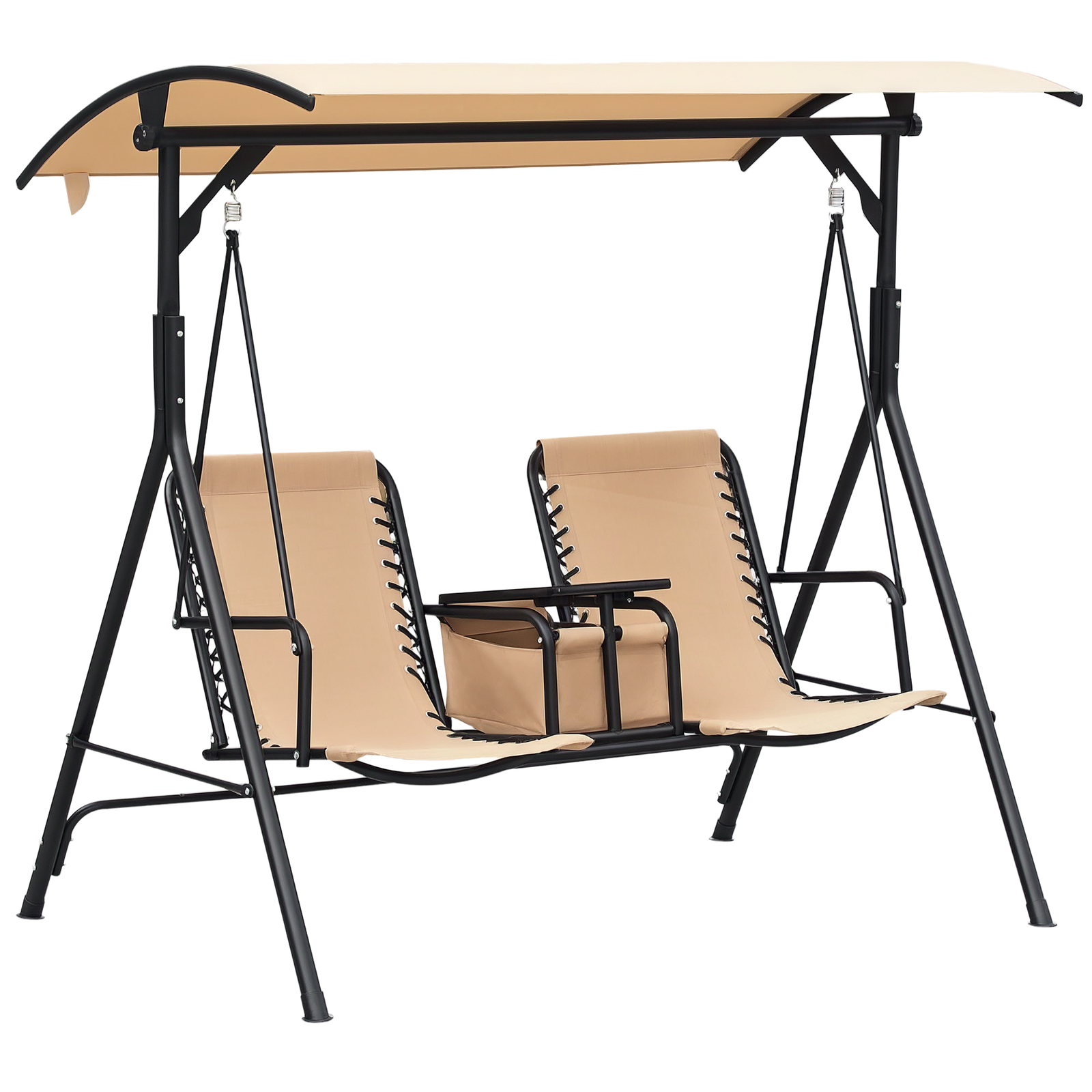 koe1cc197816b0a7f.png 2 Person Porch Swing with Canopy, Storage Table, Cup Holder, Beige - Image 1
