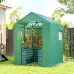 Greenhouse with Raised Garden Bed, Galvanized Steel Outdoor Greenhouse with Roll Up Door, 56" x 56" x 75", Green - Image 2