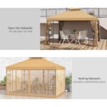10' x 12' Patio Gazebo with Corner Frame Shelves, Double Roof Outdoor Gazebo Canopy Shelter with Netting, Brown - Image 5