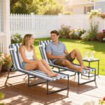 2 Folding Chaise Lounge Pool Chairs with 4-Position Reclining Back, Pillow, Breathable Mesh & Bungee Seat, Blue White - Image 2