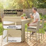 5 Piece Wicker Outdoor Bar Set, Acacia Wood Outdoor High Top Table and Chairs with 3 Tier Shelves, Cushions, Brown - Image 7
