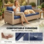 Rattan Wicker Sofa 3-Seater Outdoor Patio Sofa with Cushions for Garden Backyard Porch Dark Blue - Image 7