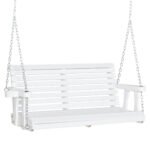 46" 2-Person Porch Swing Wooden Patio Swing Bench with Cup Holders, Slatted Design, Chains, 440lb Weight Capacity, White