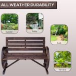 41" Wooden Wagon Wheel Bench, Rustic Outdoor Patio Bench Weather Resistance Furniture, 2-Person Slatted Seat with Backrest, Carbonized - Image 6