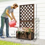 Wooden Raised Garden Bed Planting Planter Box with Trellis and Drain Holes for Climbing Vine Plants, Brown - Image 3