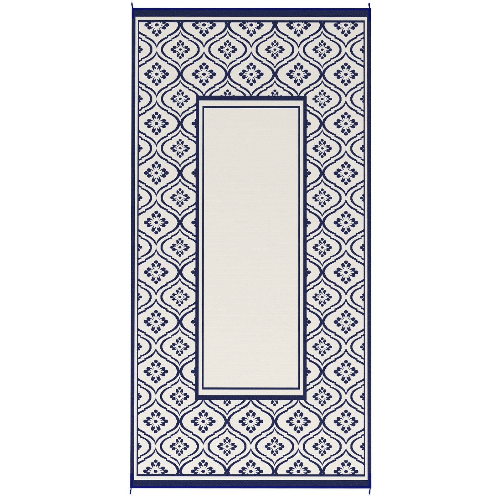 lk160c19482f1b417.jpg Reversible Outdoor Rug, Waterproof Plastic Straw with Carry Bag, 9' x 18', Blue & White Gourd Border - Image 1